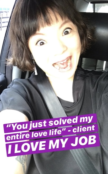 Simone taking a wide-eyed selfie in her car, text overlay: “You just solved my entire love life” - client. I love my job.