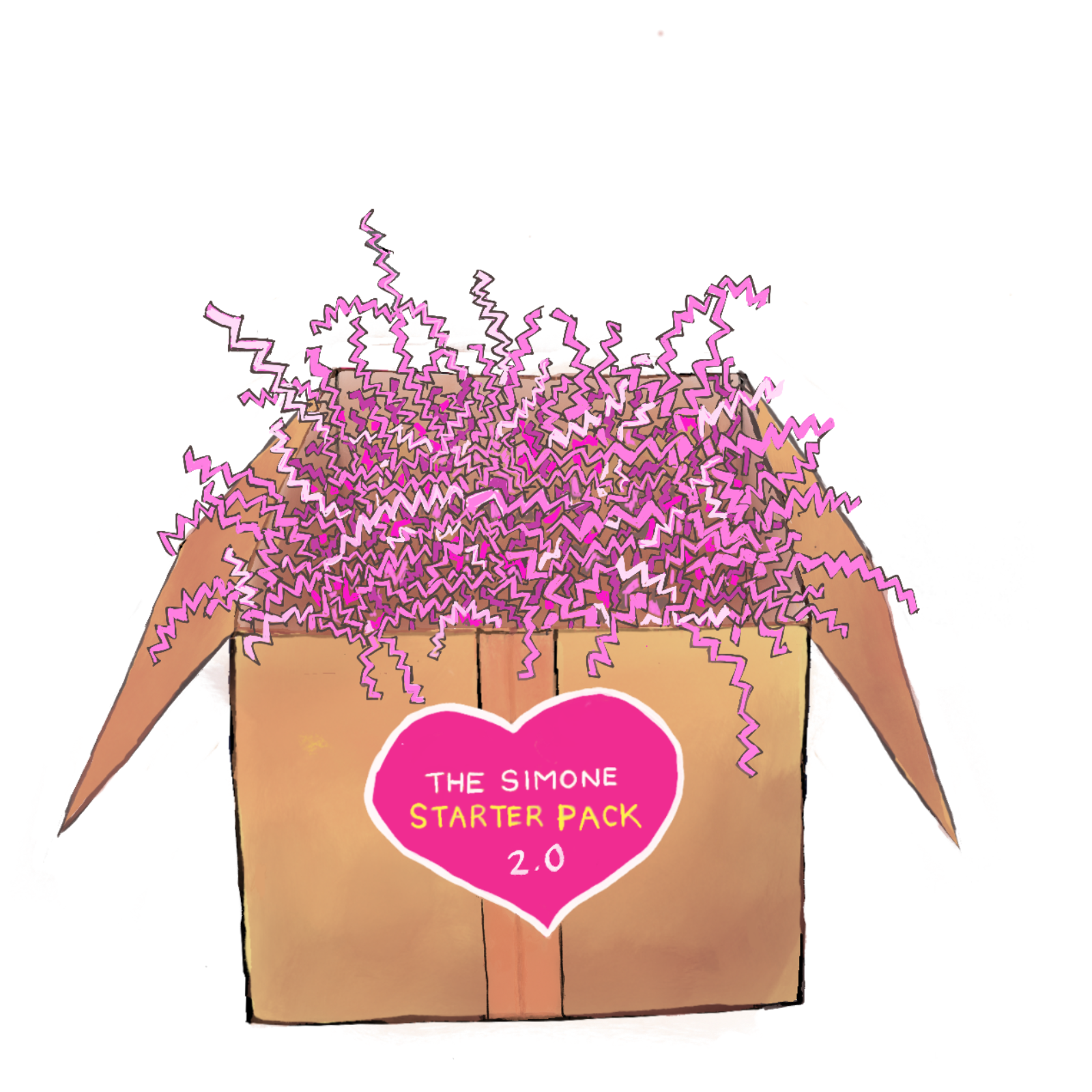 The Simone Starter Pack box, opened, with confetti bursting out.