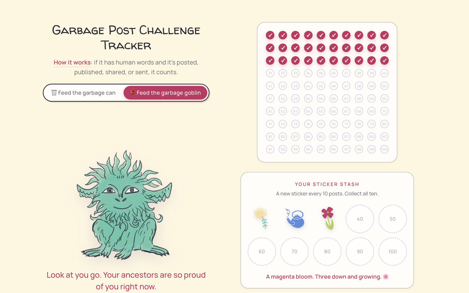 The Garbage Post Challenge Tracker, a 50-day challenge to get your voice free