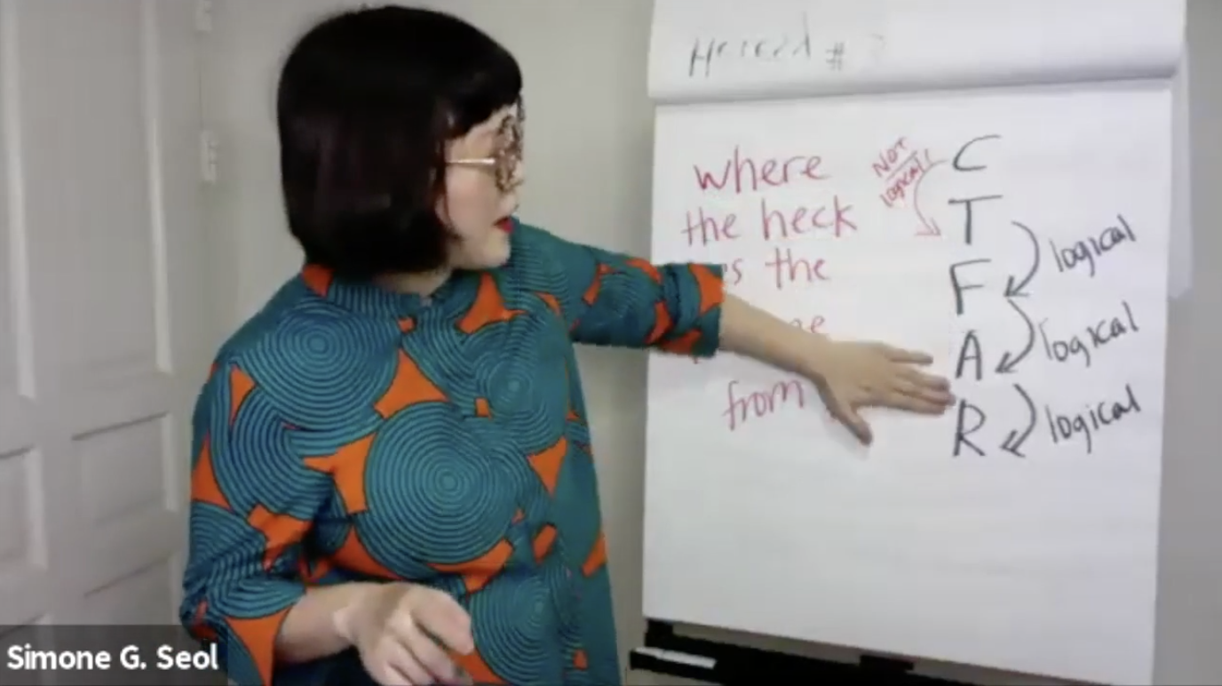 Simone Grace Seol teaching the CTFAR Model at a whiteboard during the Model Heresy class.