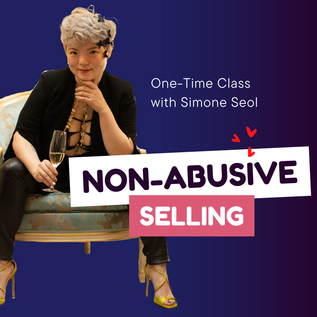 Simone Seol seated, holding a glass of champagne — Non-Abusive Selling.