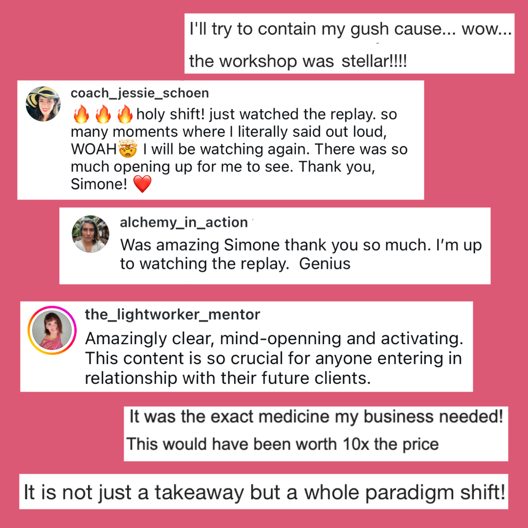 Student praise: 'I'll try to contain my gush cause… wow, the workshop was stellar!' 'Holy shift! I will be watching again.' 'It was the exact medicine my business needed.'