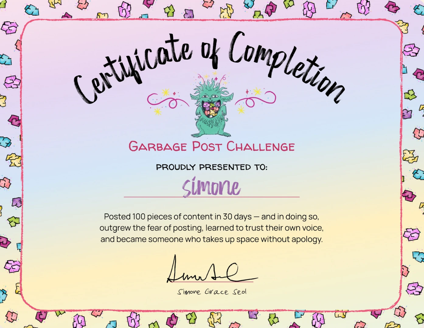 The Garbage Post Challenge certificate of completion