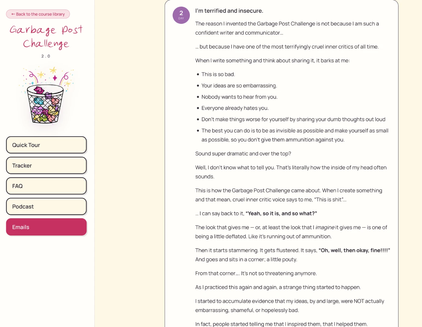 A supportive note from Simone after logging a post, next to the course sidebar with Quick Tour, Tracker, FAQ, Podcast, and Emails tabs