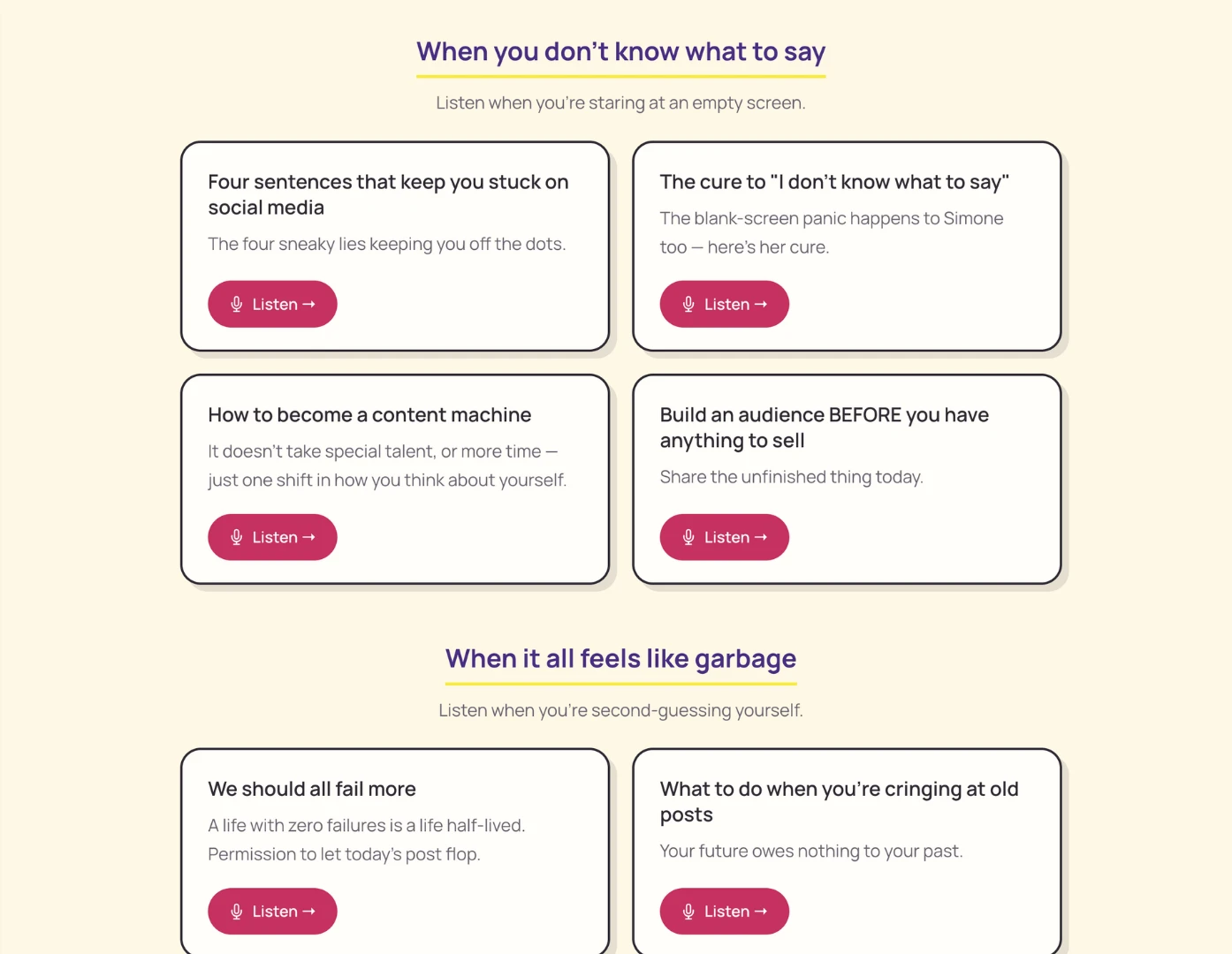 Liberatory Business podcast episodes grouped by feeling, like &ldquo;When you don&rsquo;t know what to say&rdquo; and &ldquo;When it all feels like garbage&rdquo;