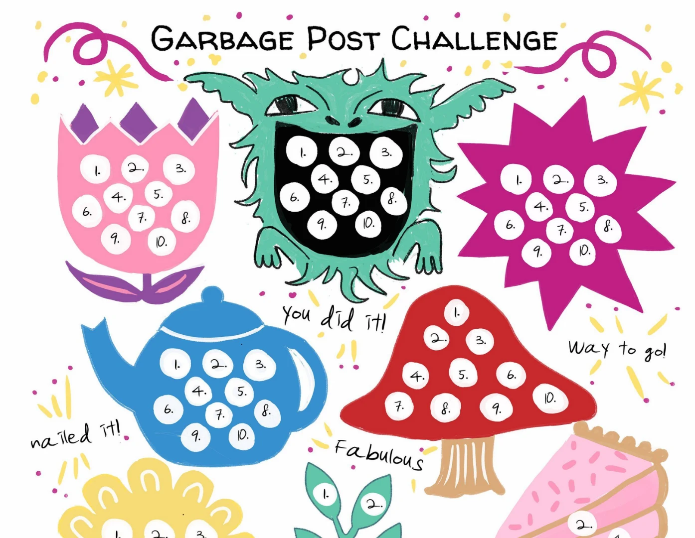 A hand-drawn sticker sheet celebrating milestones along the way