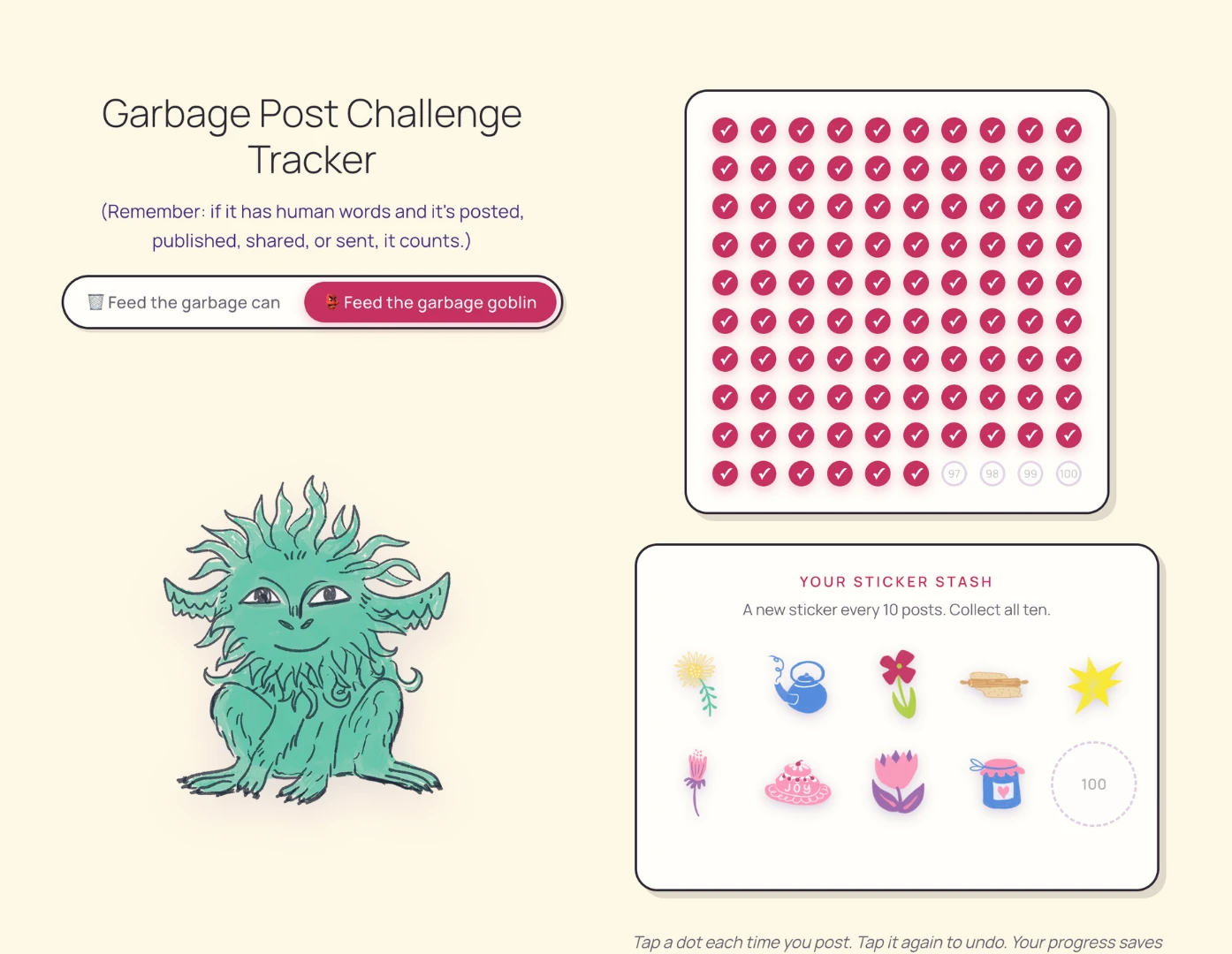 The Garbage Post Challenge tracker, showing the hundred-post grid and the garbage goblin