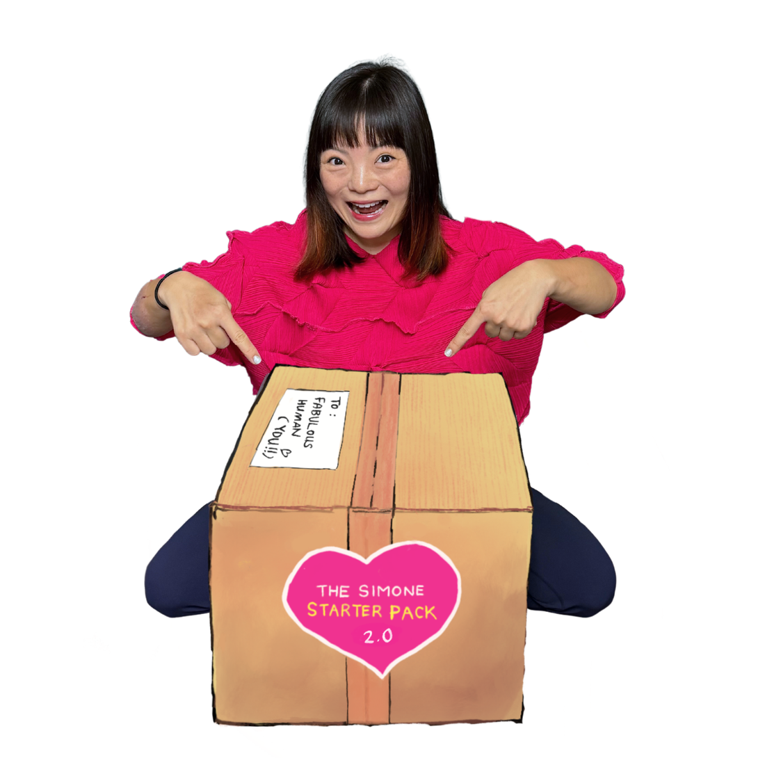 Simone pointing to the sealed Starter Pack box, addressed to you