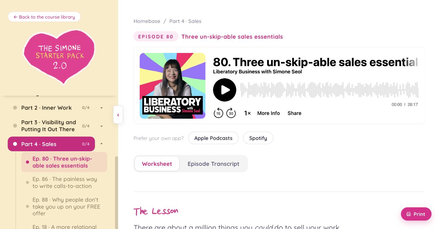 A real lesson page inside the Starter Pack, episode 80: Three un-skip-able sales essentials